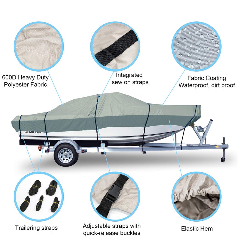 GEARFLAG Trailer Boat Cover 600D Heavy Duty Waterproof Marine Grade UV Resistant fits V-Hull Tri-Hull Runabouts Fishing Boat Reinforced Adjustable Side Straps (16' - 18.5' Long, Beam Width 98") - Image 2